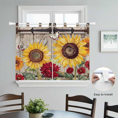Sunflowers Bedroom Curtains 63 Inch Length, Window Curtains Tab Top, Retro - Image 4
