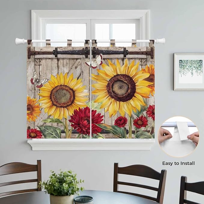 Sunflowers Kitchen Curtains 45 Inch Length, Short Cafe Window Curtains Tab Top - Image 4
