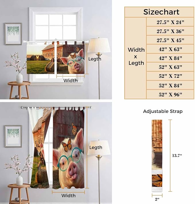 Farm Pig Bedroom Curtains 72 Inch Length, Window Curtains Tab Top, Farmhouse - Image 8