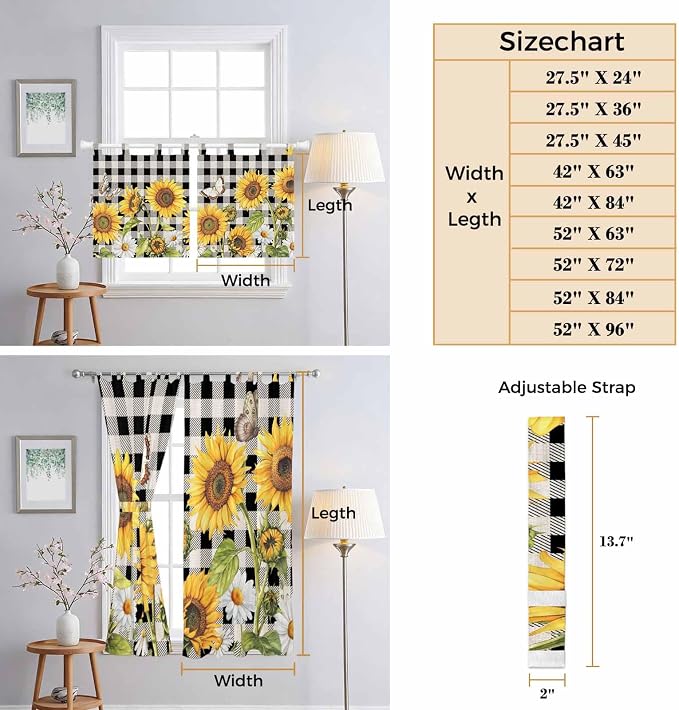 Sunflowers Bedroom Curtains 63 Inch Length, Window Curtains Tab Top - Image 8