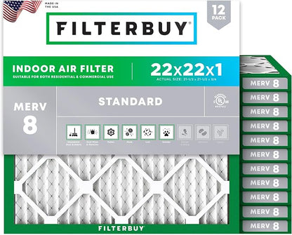 Filterbuy 22x22x1 Air Filter MERV 8 Essential Dust & Allergy Defense, by Filterbuy