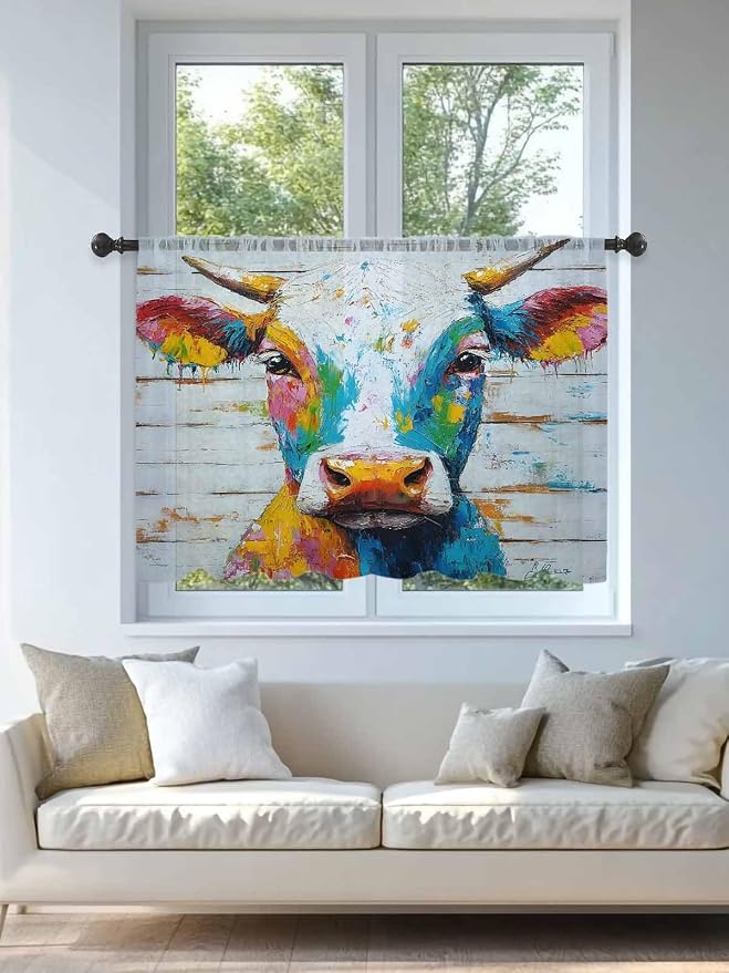 Sheer Curtains 54 Inch Length, Funny Colorful Cow Semi Sheer Curtains Light - Image 4