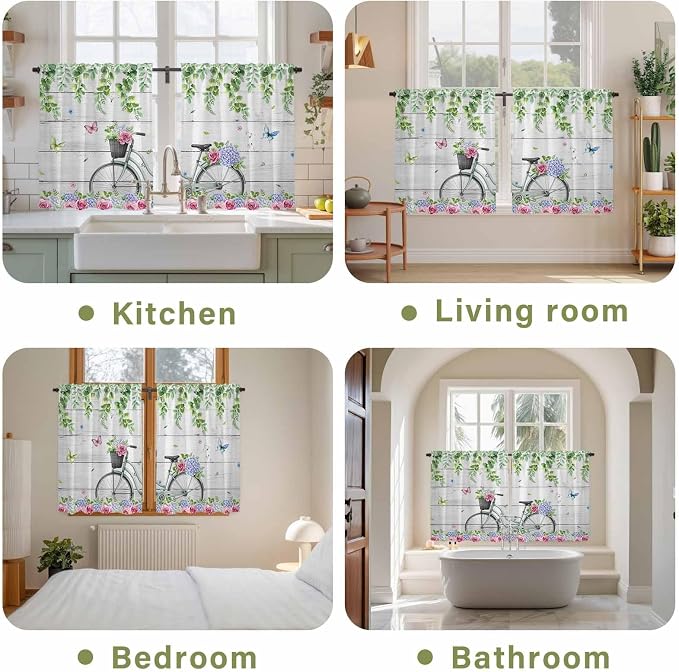 Spring Tier Curtains, Bicycles Botanical Rose Leaves Butterfly Wood Grain Light - Image 8