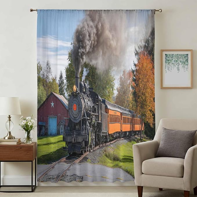 Steam Train Sheer Curtains 54 Inch Length Railroad Country Barn Rustic Trees - Image 3