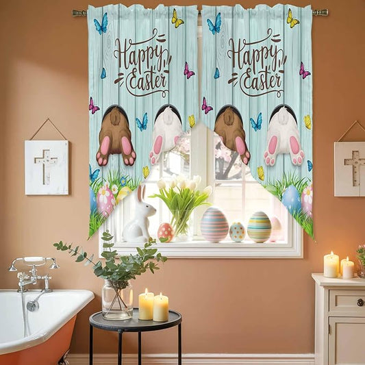 Swag Curtain Valances for Kitchen Windows, Happy Easter Bunny Butt Egg Floral by Unknown