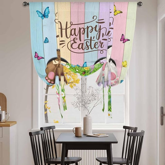 Tie Up Curtains, Happy Easter Rabbit Butt Egg on Daisy Leaf Adjustable Rod by Unknown