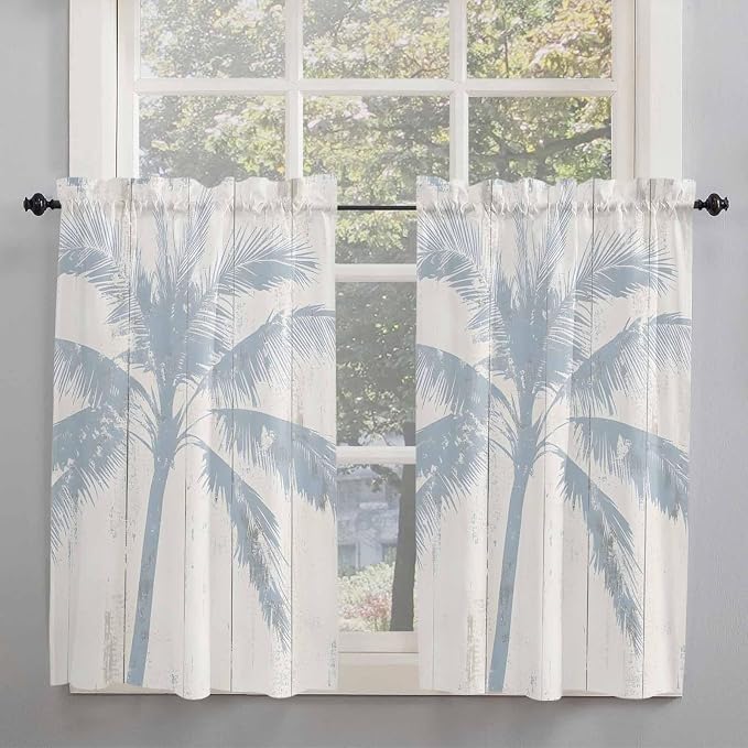 Summer Coconut Tree on Vintage Wood Grain Window Valance Curtains, Seaside by IDOWMAT