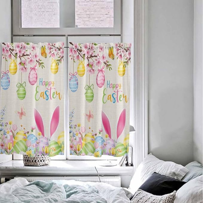 Happy Easter Kitchen Curtains 45 Inches length, Spring Farmhouse Bunny Eggs - Image 5