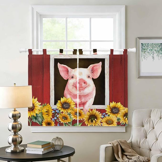Pigs Sunflowers Bedroom Curtains 63 Inch Length, Window Curtains Tab Top - Image 2
