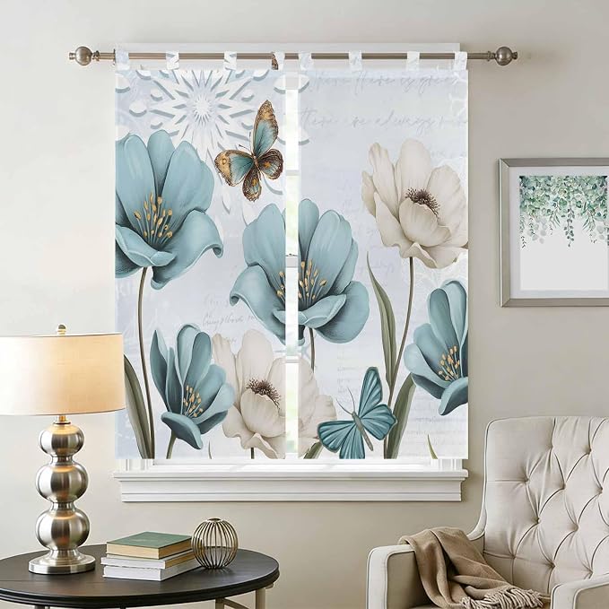Blue Tulips Bedroom Curtains 72 Inch Length, Window Curtains Tab Top, - Image 2