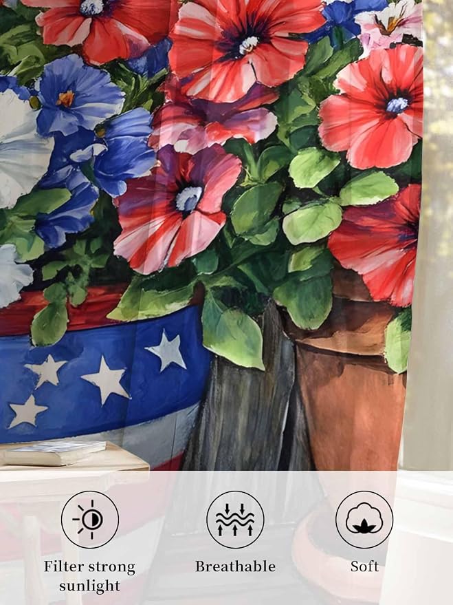 Sheer Curtains 84 Inches Long, Retro Independence Day Flag Wood Grain Privacy - Image 6