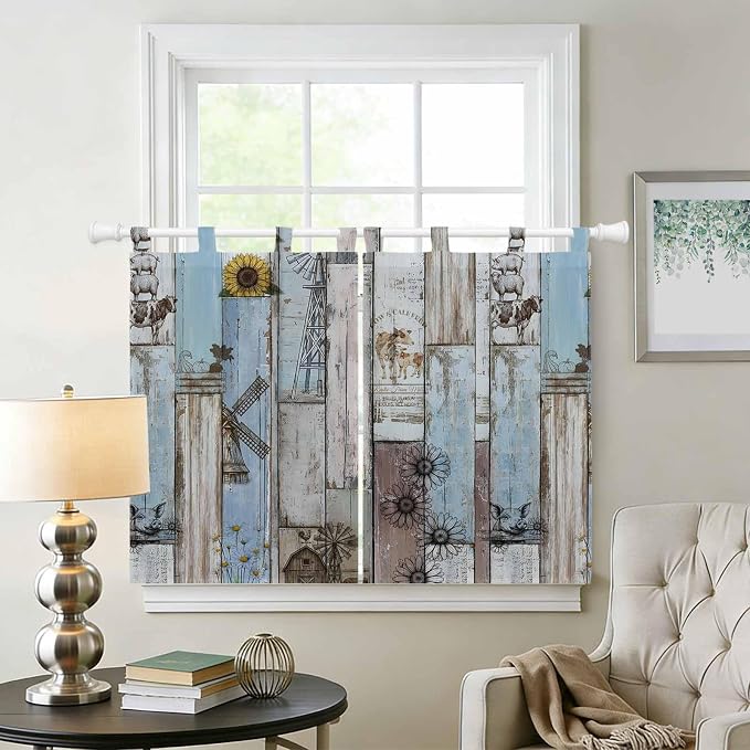 Blue Grey Wooden Kitchen Curtains 45 Inch Length, Short Cafe Window Curtains - Image 2