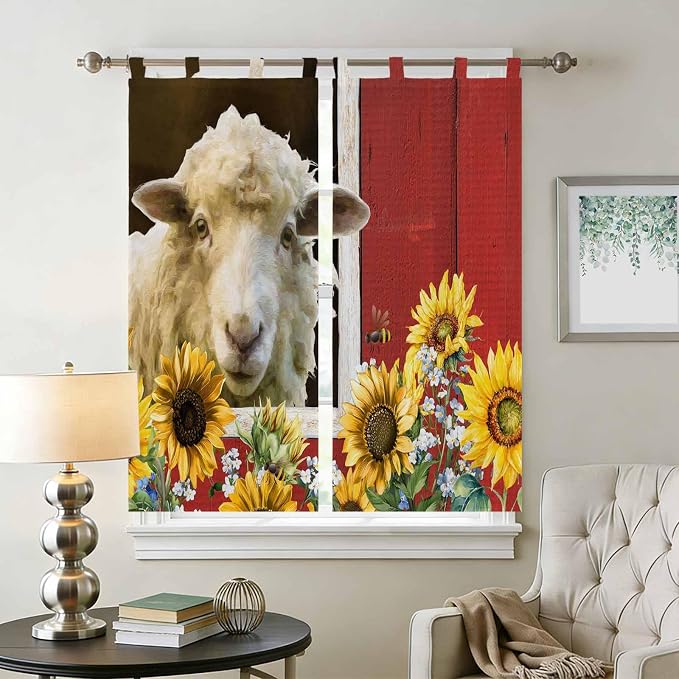 Sheep Flowers Bedroom Curtains 72 Inch Length, Window Curtains Tab Top - Image 2