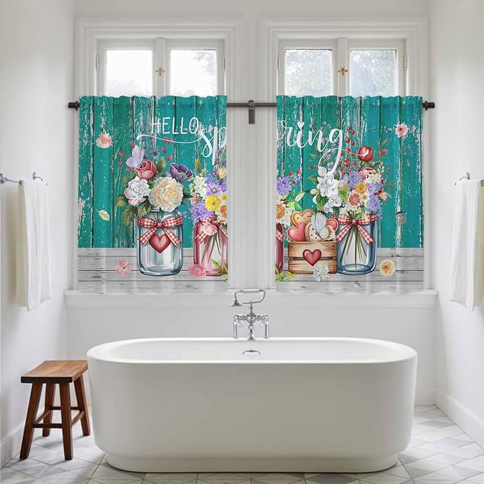 Spring Flowers Kitchen Curtains, Farmhouse Watercolor Teal Wood Grain Light - Image 5