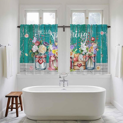 Spring Flowers Tier Curtains, Farmhouse Watercolor Teal Wood Grain Light - Image 5