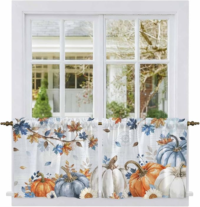 Fall Blue Maple Kitchen Tier Curtains 24 Inch Long 2 Panel Set, Rod Pocket Cafe - Image 2