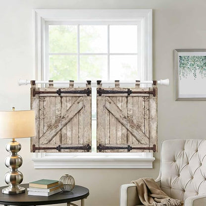 Farmhouse Wood Grain Kitchen Curtains 24 Inch Length, Small Window Curtains Tab - Image 2