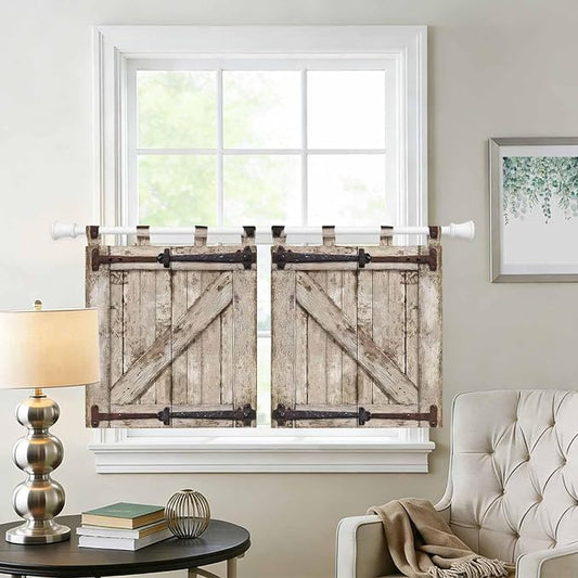 Farmhouse Wood Grain Kitchen Curtains 24 Inch Length, Small Window Curtains Tab - Image 2