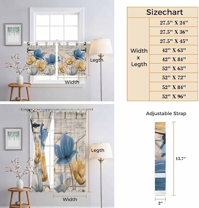 Blue Yellow Tulips Kitchen Curtains 45 Inch Length, Short Cafe Window Curtains - Image 8