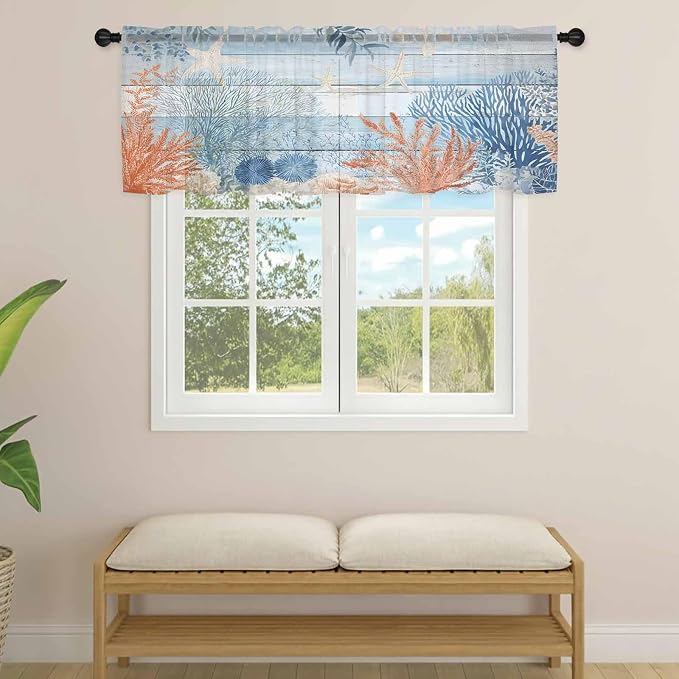 Ocean Corals Sheer Valance Curtains, Summer Beach Coral Sea Stars Blue Wood - Image 4