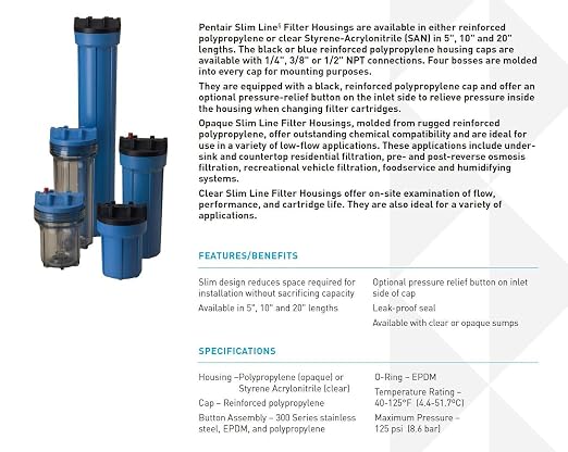 Pentair Pentek 158007 Traditional Slim Line Filter Housing, 3/8" NPT #10 Under - Image 2