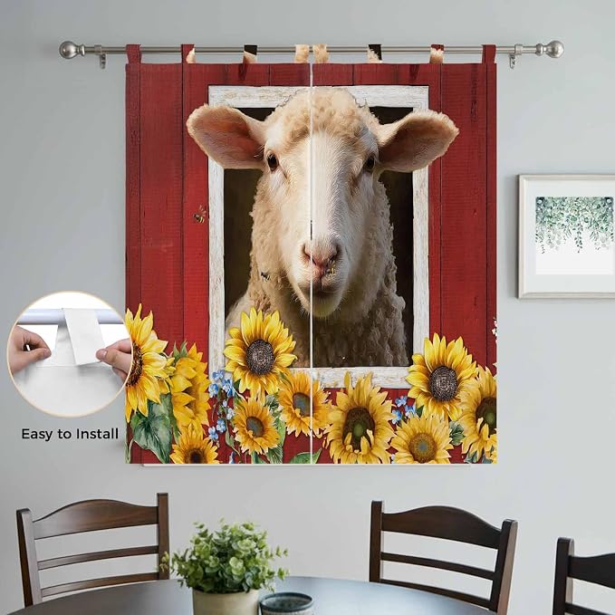 Sheep Sunflower Bathroom Curtains 63 Inch Length, Window Curtains Tab Top - Image 4