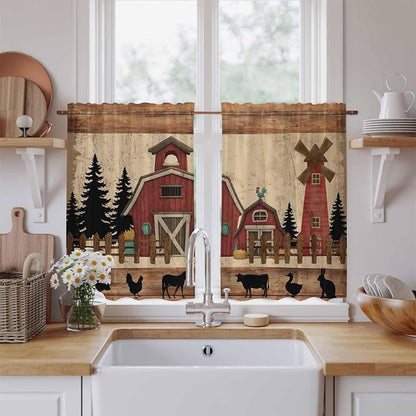 Brown Farmhouse Tier Curtains, Vintage Country Animals Wooden Grain Light - Image 2