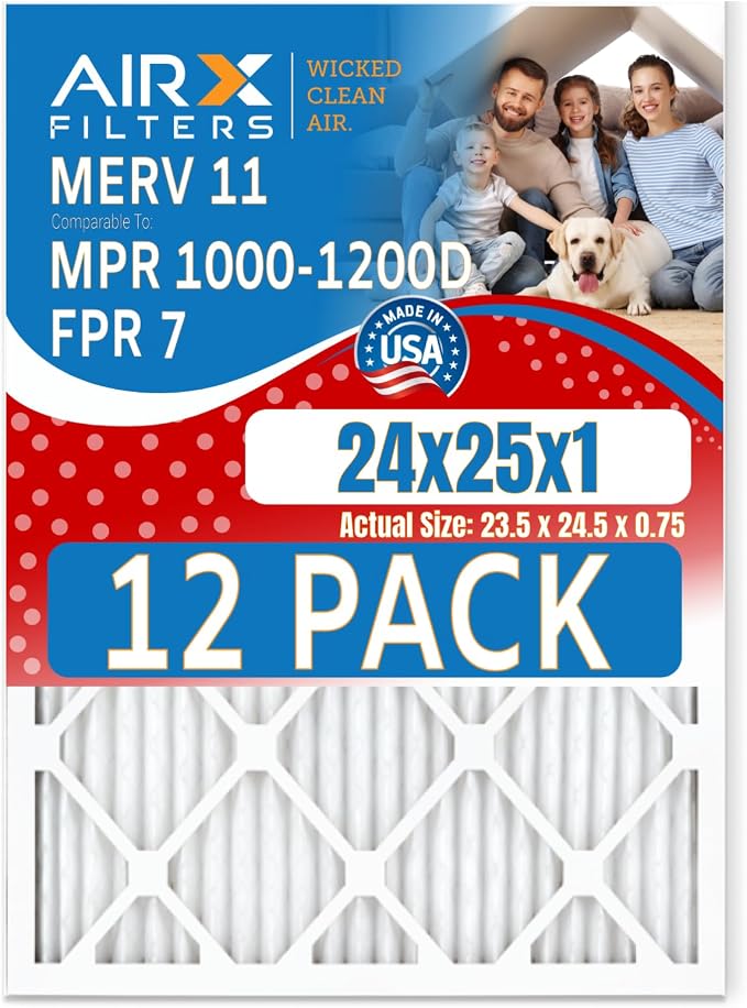 24x25x1 Air Filter MERV 11 Rating, 12 Pack of Furnace Filters Comparable to MPR by AIRXFILTERSWICKEDCLEANAIR