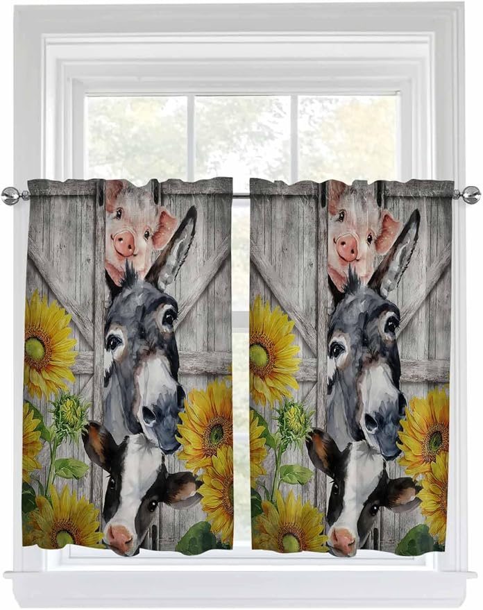 Farmhouse Tier Curtains 45 Inches Long, Vintage Sunflowers Animals Printed Wood by Unknown