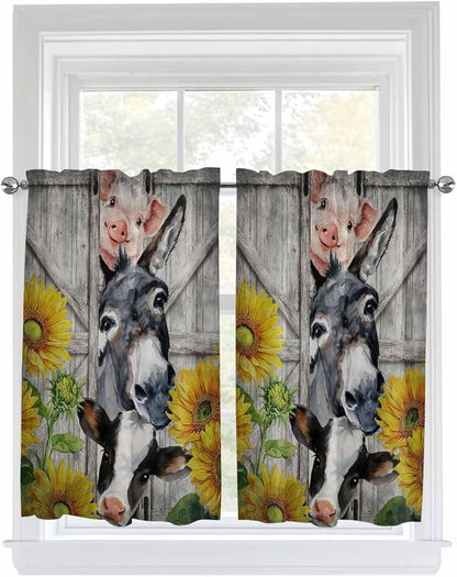 Farmhouse Tier Curtains 45 Inches Long, Vintage Sunflowers Animals Printed Wood by Unknown