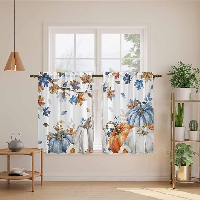 Navy Blue Pumpkin Fall Kitchen Curtains 45 Inch Long 2 Panel Set, Rod Pocket - Image 3