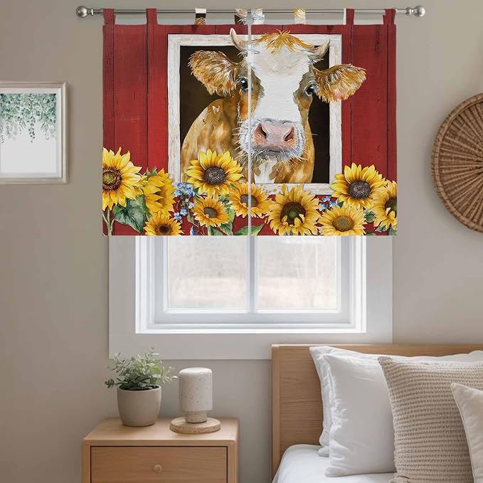 Cows Sunflowers Bedroom Curtains 63 Inch Length, Window Curtains Tab Top - Image 9