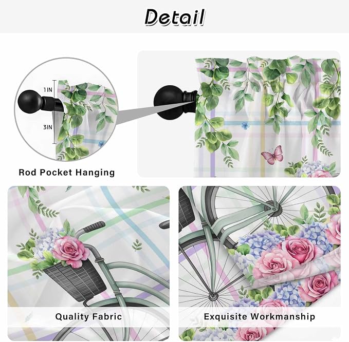 Spring Tier Curtains, Bicycles Botanical Leaves Rose Colorful Stripes Light - Image 9