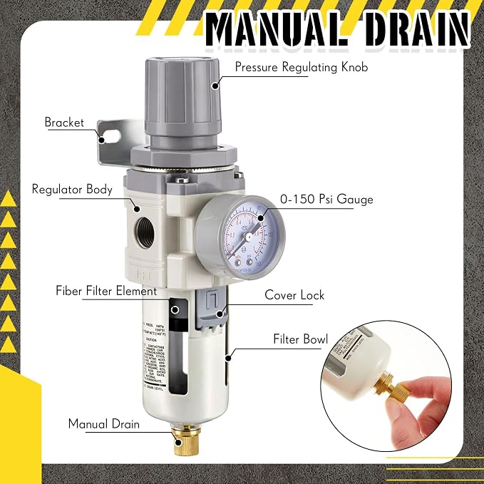 Tuanse Manual Drain 1/2" NPT Compressed Air Filter Regulator, Piggyback Combo - Image 3