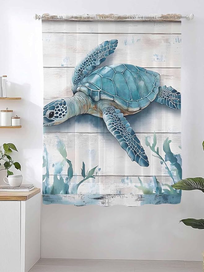 Sheer Curtains 63 Inch Length, Teal Green Sea Turtle Semi Sheer Curtains Light - Image 2