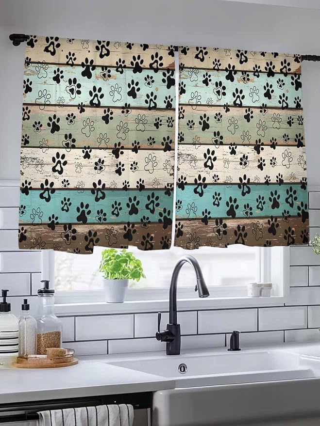 Sheer Curtains 45 Inch Length, Sage Green Brown Paw Prints Semi Sheer Curtains - Image 5