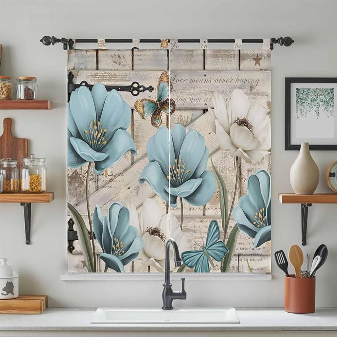 Teal Blue Tulips Bathroom Curtains 63 Inch Length, Window Curtains Tab Top - Image 3