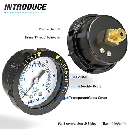 MEANLIN MEASURE 0~60Psi 1/4" NPT Start and Clean Filter Pressure Gauge - Image 4