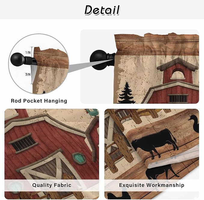 Brown Farmhouse Tier Curtains, Vintage Country Animals Wooden Grain Light - Image 9