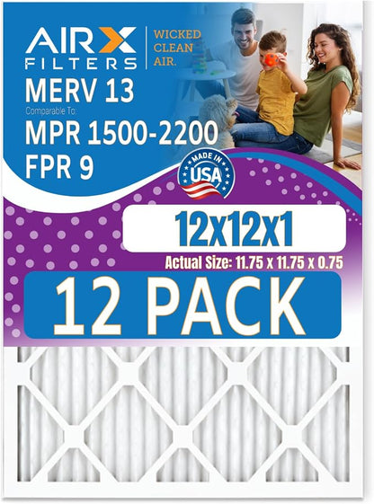 12x12x1 Air Filter MERV 13 Rating, 12 Pack of Furnace Filters Comparable to MPR by AIRXFILTERSWICKEDCLEANAIR