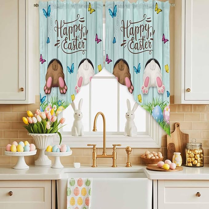 Swag Curtain Valances for Kitchen Windows, Happy Easter Bunny Butt Egg Floral by Unknown