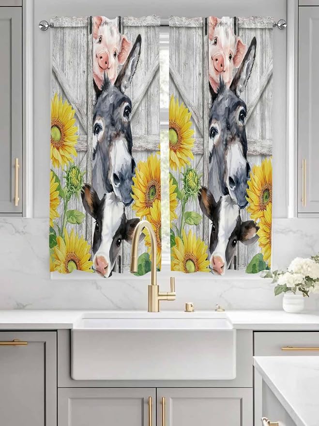Farmhouse Bedroom Curtains 63 Inches length, Watercolor Sunflowers Animals - Image 3