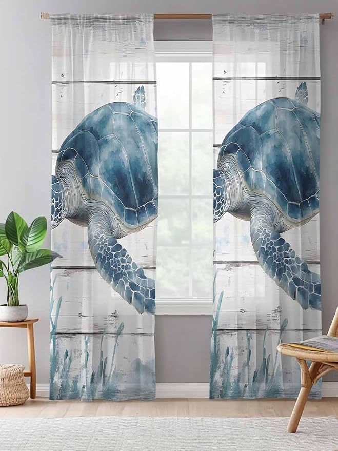 Sheer Curtains 108 Inches Long, Ocean Sea Turtle Semi Sheer Curtains Light - Image 5