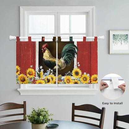 Chicken Sunflowers Kitchen Curtains 24 Inch Length, Small Window Curtains Tab - Image 4