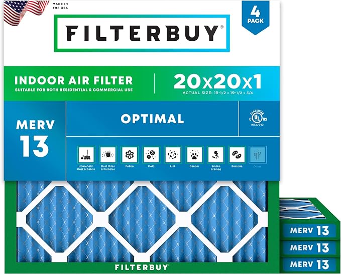Filterbuy 20x20x1 Air Filter MERV 13 Optimal Smoke & Allergy Defense, by Filterbuy