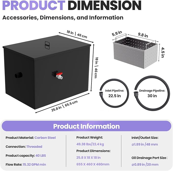 40 LBS Grease Trap Commercial Carbon Steel Grease Interceptor, 15 GPM Flow Rate - Image 2