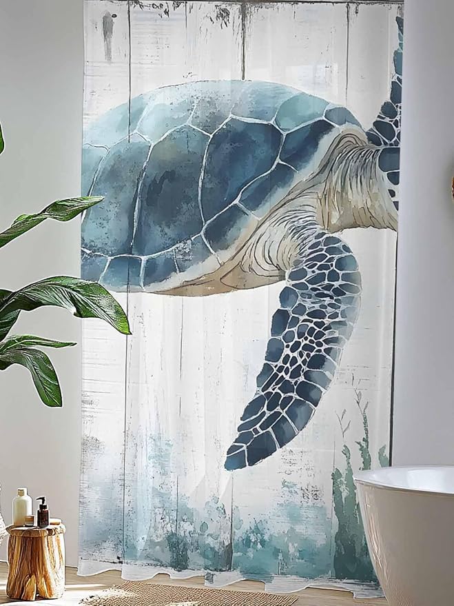 Sheer Curtains 84 Inches Long, Sea Turtle Teal Blue Semi Sheer Curtains Light - Image 4