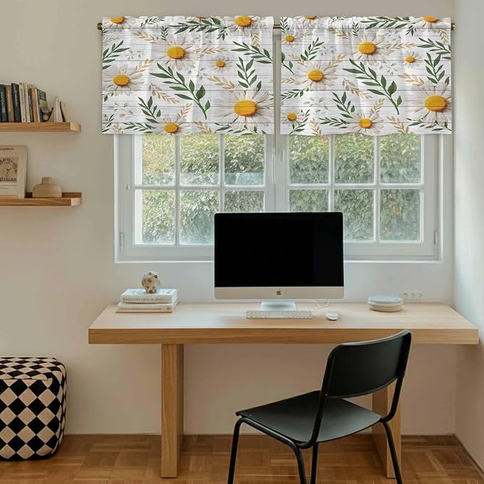 Spring Daisy Tier Curtains, Farmhouse Country Flower Leaf Plant Wood Grain - Image 6