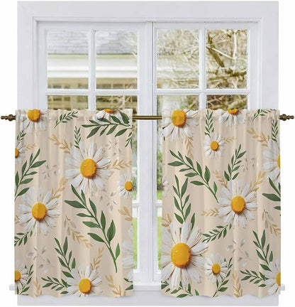Spring Daisy Tier Curtains, Country Watercolor Flower Leaf Plant Light by Unknown