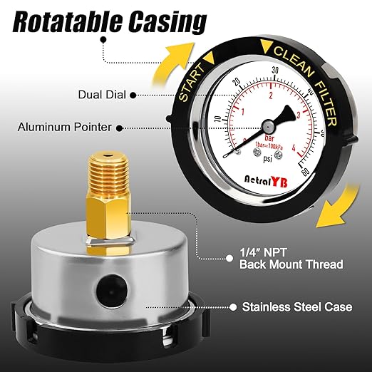 60PSI Pool Filter Pressure Gauge, 2 inches Dial, 1/4" NPT Back Mount, - Image 3
